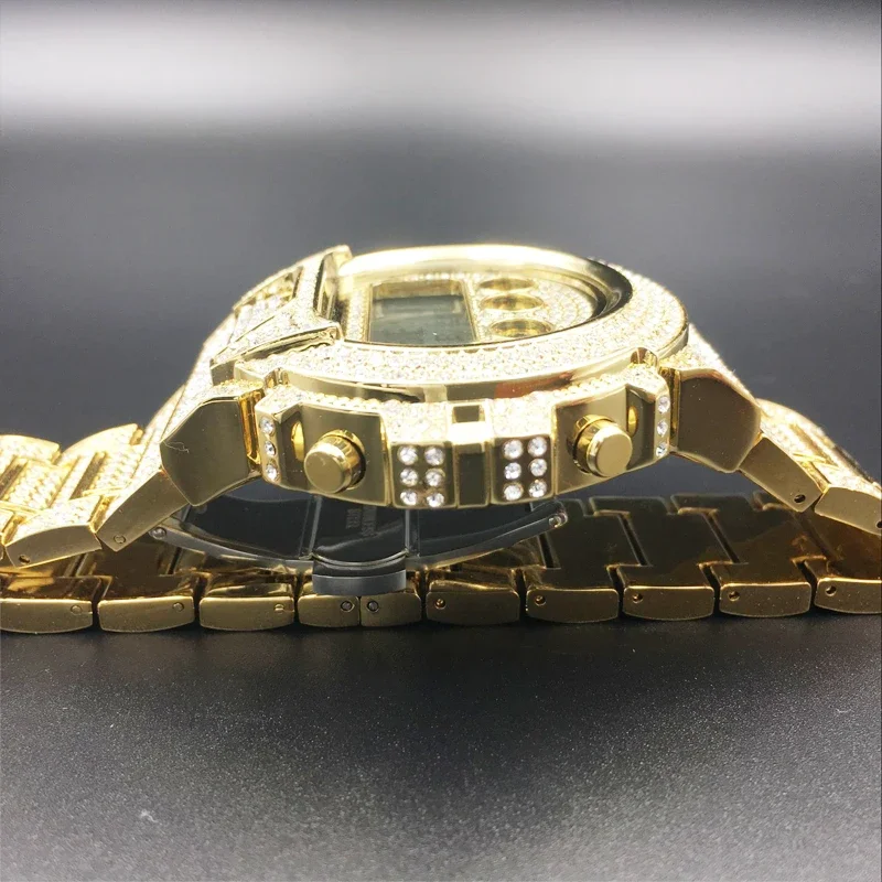 Luxury 18k Gold Watch Men Full Diamonds Mens Quartz Watches LED Digital Male Clock Hip Hop Wristwatches  Steel Band Relogio box