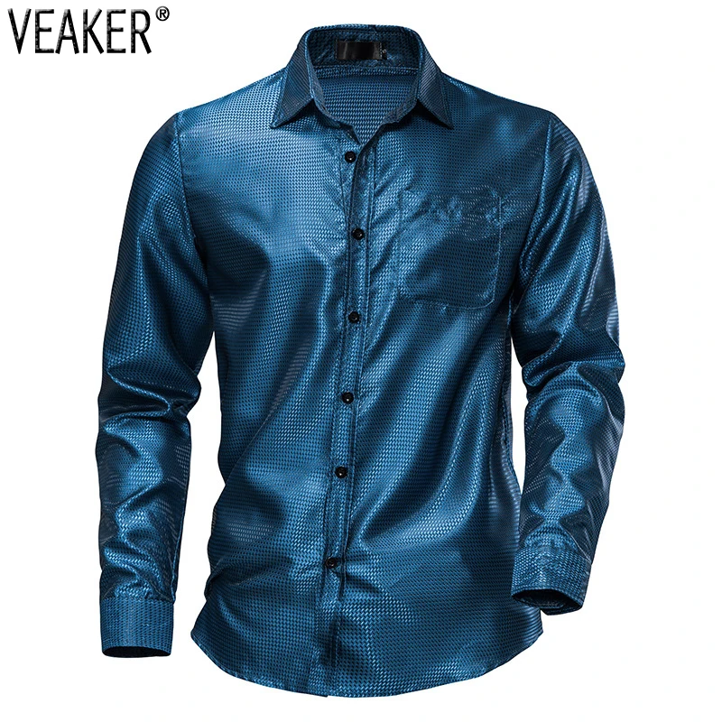 

2023 New Men's Long Sleeve Party Shirts Male Slim Fit Shiny Business Shirt Tops S-2XL