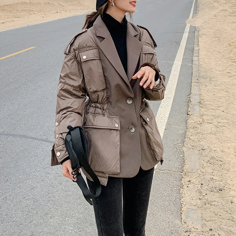 Autumn Winter 2021 Female Jackets Korean Trench Ins New Suit Stitching Fake Two-Piece Short Thick Warm Loose Casual Women Coats