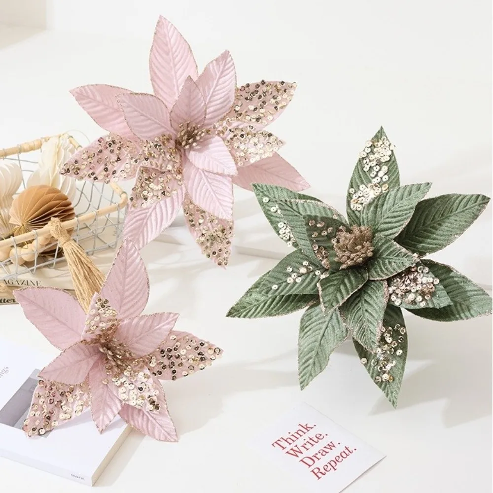 Artificial Poinsettia Flower Glitter Sequins Christmas Decoration
