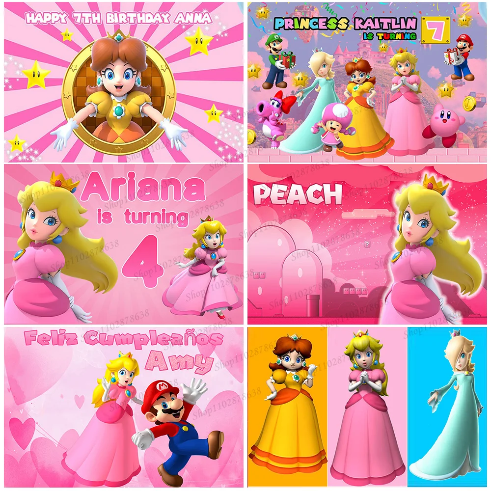 

Backdrop Custome Name Age Peach Daisy Princess Birthday Party Background Super Marios Bros Pink Baby Shower Banner Props Decor