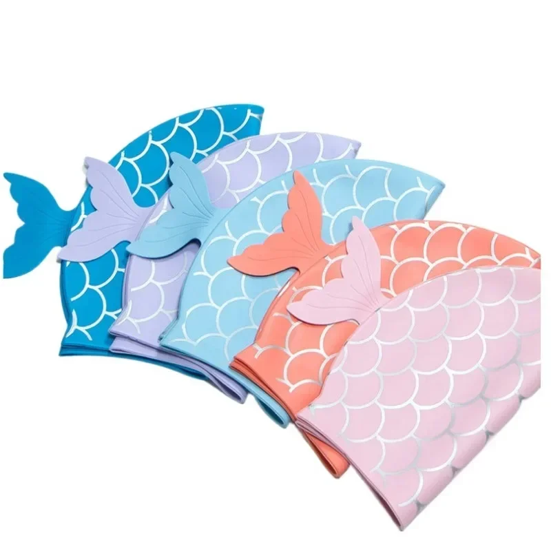 Kids Swim Caps with Fish Tail Baby Waterproof Bathing Caps Children Cartoon Swimming Hat for Long Short Hair Kids Boys Girls 4