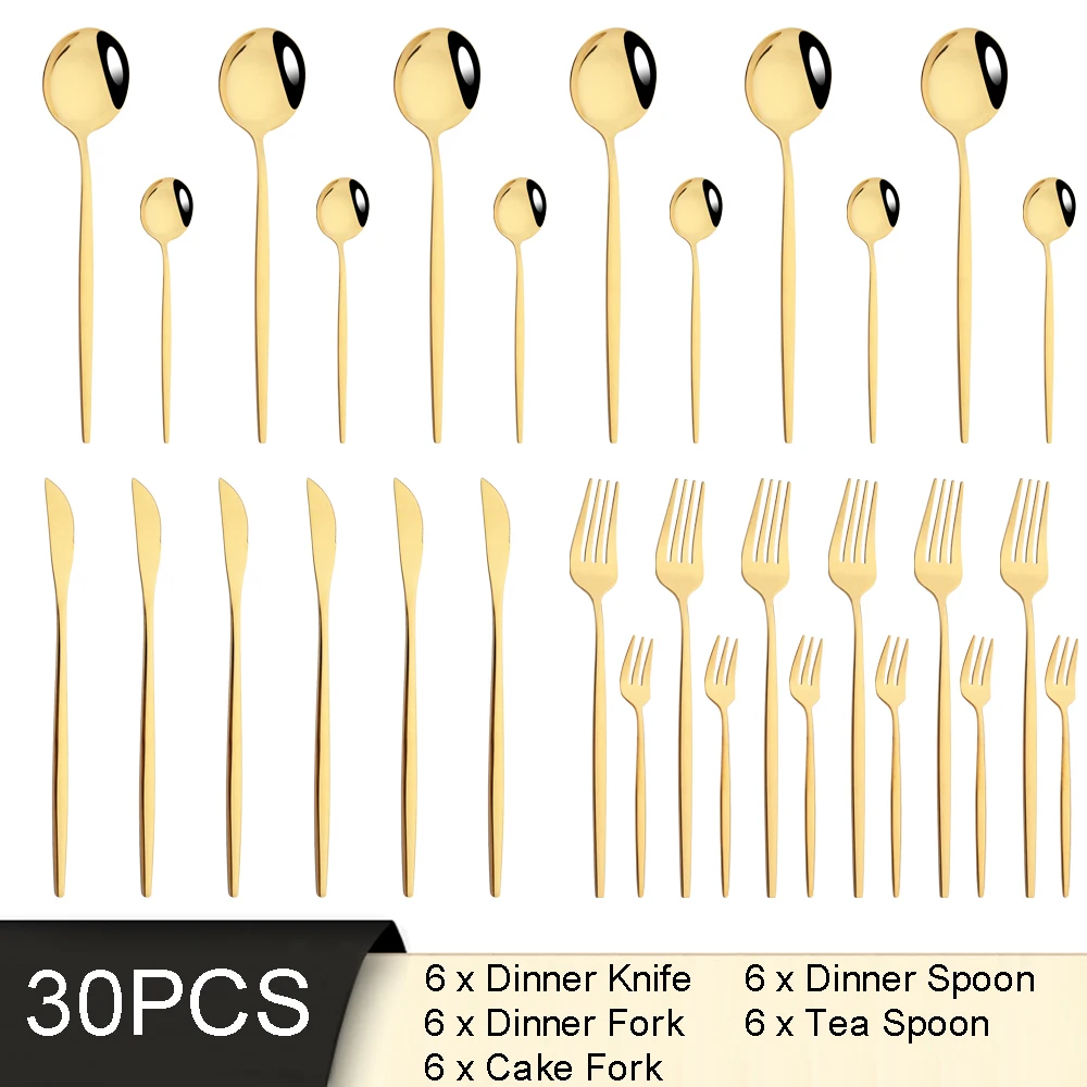 

30Pcs Gold Dinnerware Set Knife Cake Fork Coffee Spoon Cutlery Set Mirror Stainless Steel Tableware Silverware Kitchen Flatware