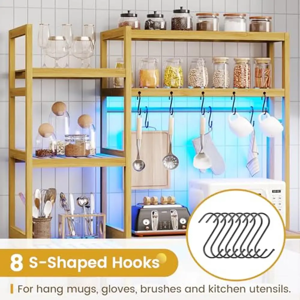 10-Tier Bamboo Bakers Rack with Power Outlets & LED Lights Kitchen Shelves Microwave Stand Freestanding Utility Rack Organizer