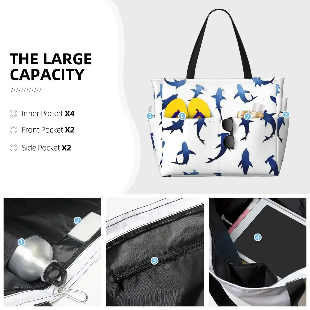 Shark Love Beach Travel Bag, Tote Bag Holiday Large Capacity Birthday Gift Multi-Style Pattern