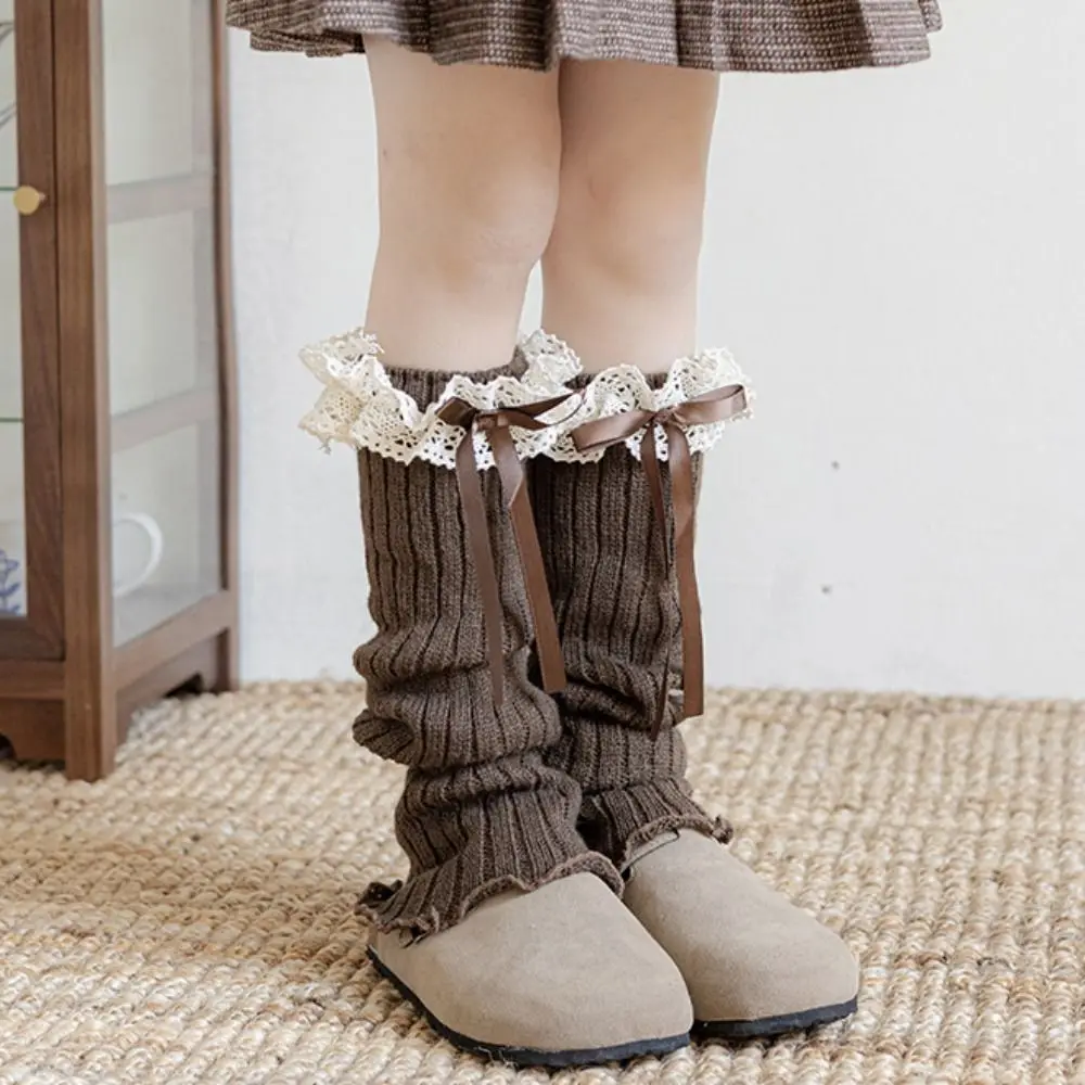 Fashion Harajuku Bow Ribbon Leg Warmers Solid Color Sweet Lolita Knitted Socks Long Stockings Kawaii Knitted Foot Cover Girls