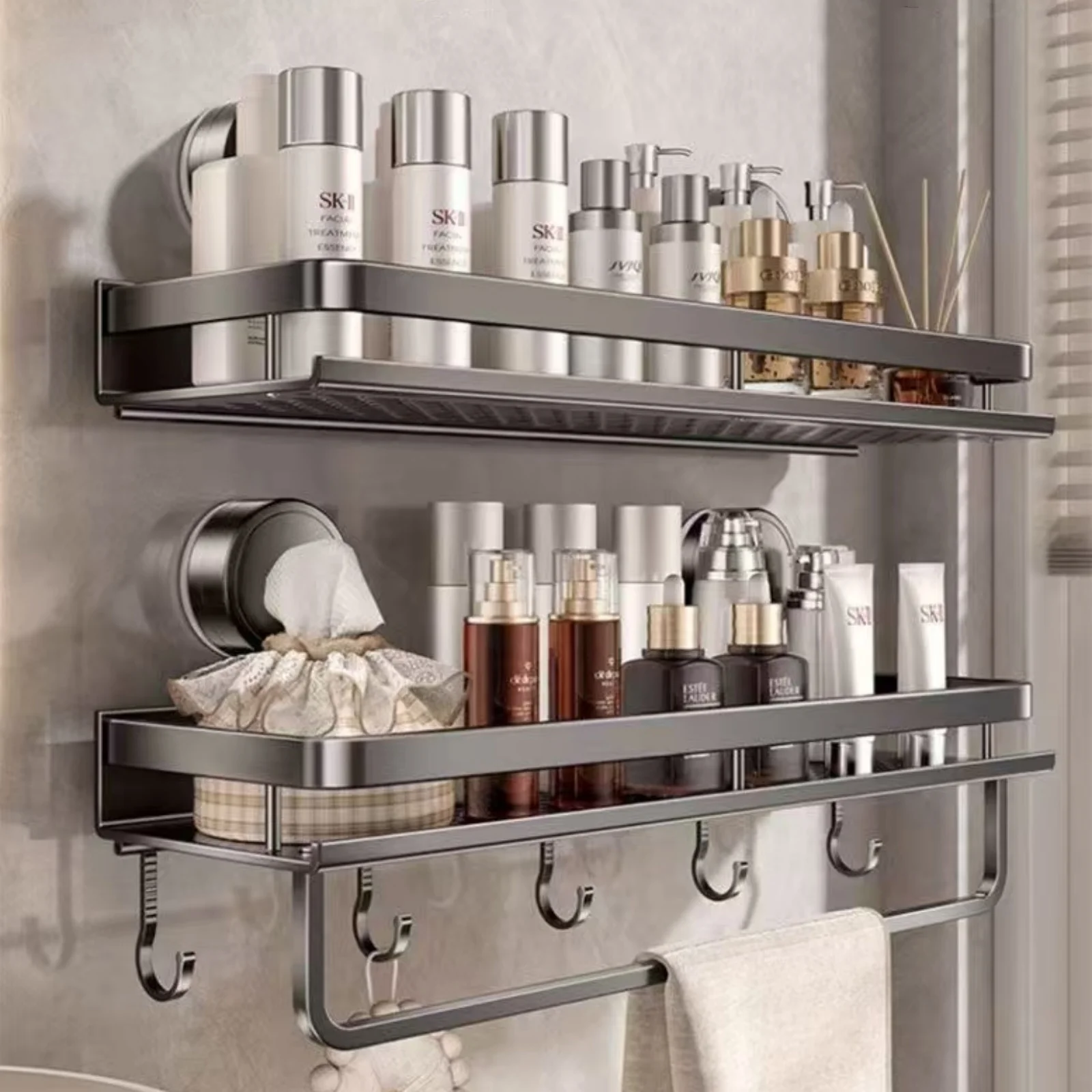 Bathroom Shelf Suction Cup Shampoo Holder Makeup Storage Organizer Aluminum Shower Shelf Bathroom Organizer No Drill Wall Shelf 2