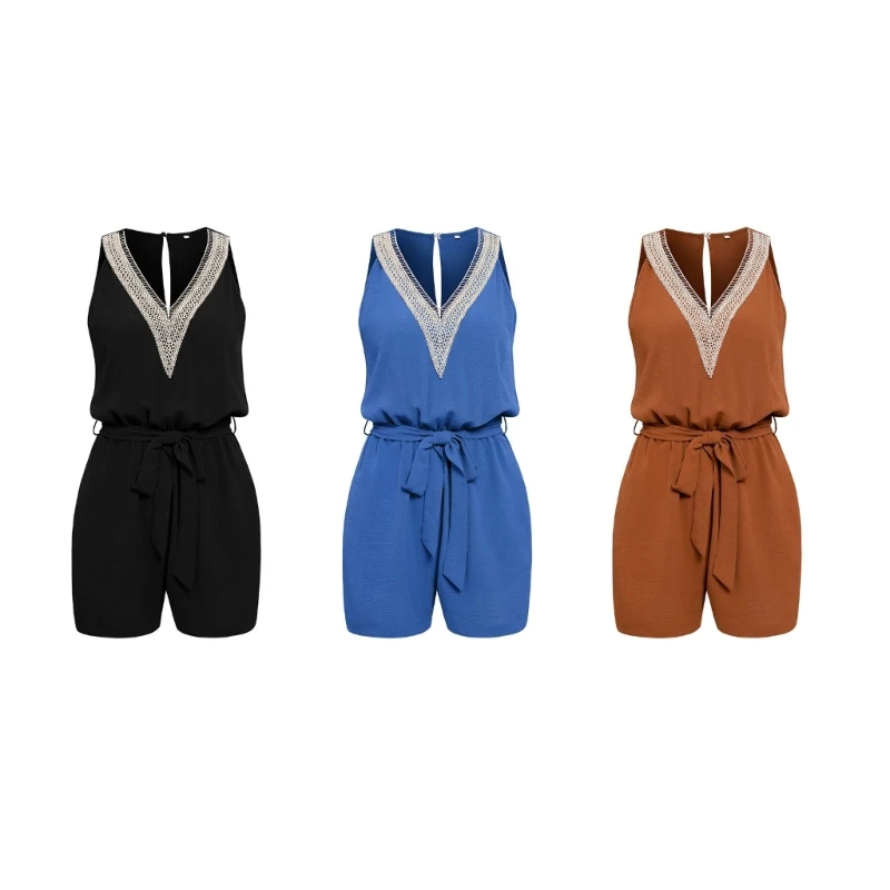 

Women Casual Sleeveless Belted High Waist Plain Jumpsuit Lace Crochet V-Neck Solid Color Top Shorts Romper Playsuit P8DB