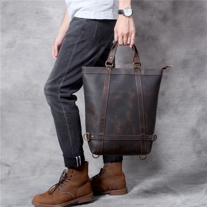 Vintage genuine leather men's backpack designer luxury crazy horse cowhide women's multifunctional laptop bagpack work tote bag