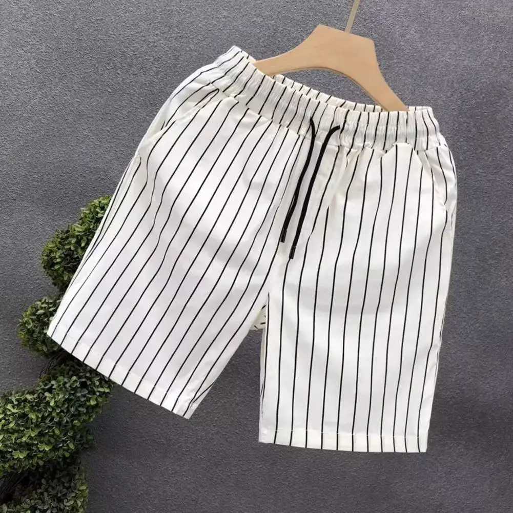 Description Picture 4 of itemMen Summer Shorts Elastic Waistband Adjustable Drawstring Striped Print Street Style Shorts Pockets Wide Leg Casual Shorts