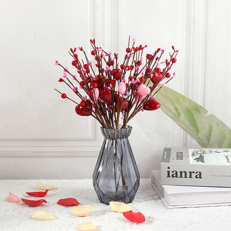 1/3pcs Valentines Day Gift Artificial Heart Shaped Berry Picks Flower Stem Branches Wedding Party Home Table Decoration Supplies