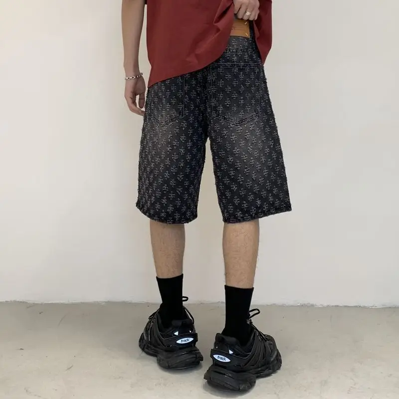 Men's Stylish American Cowboy Shorts Loose Fit Floral Print Straight-Leg Seven-Quarter Fashion Denim