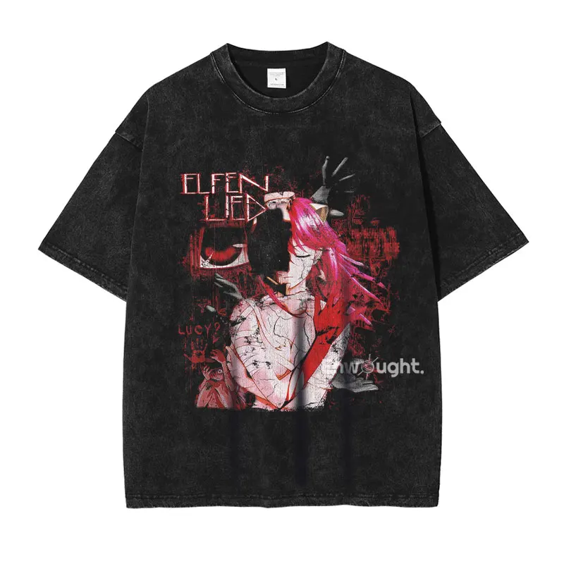 Anime Elfen Lied T Shirt Vintage Washed Y2K Manga Pattern Top Tees