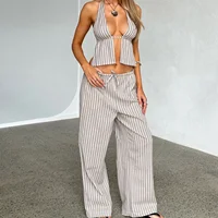 Pantalon à rayures et dos nu pour femme, tenue d'été à la mode, col licou, pantalon à jambes larges, ensemble de vêtements 2 pièces 2
