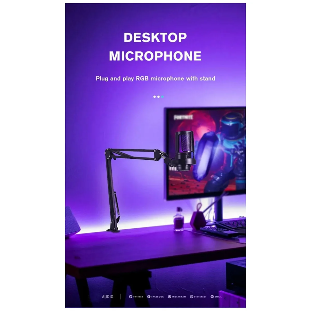 조정 가능한 암 스탠드가 있는 게임용 RGB 녹음 마이크, USB 데스크탑 콘덴서 마이크, 팟캐스팅 스트리밍용