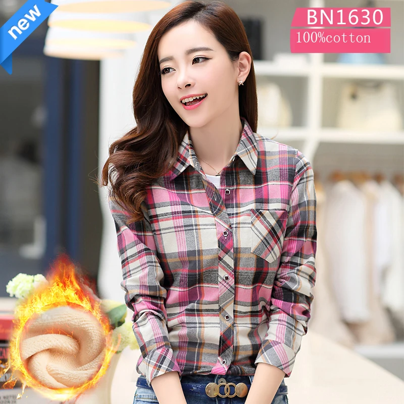 New in shirt 100%cotton long-sleeve warm shirts for women slim fit casula plaid shirt Winter Plush thicken soft elegant clothes