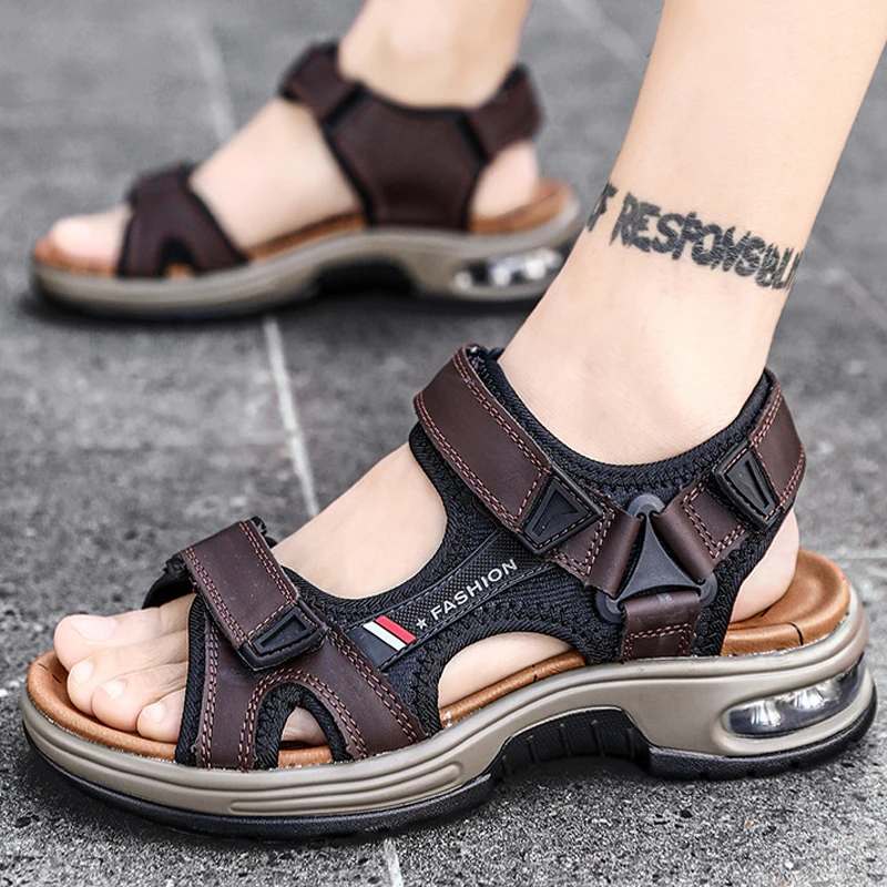 

2023 Air Cushion Men's Sandals Outdoor Beach Shoes Cowhide Casual Summer Sandals Breathable Comfortable Men Sandalias Hombre