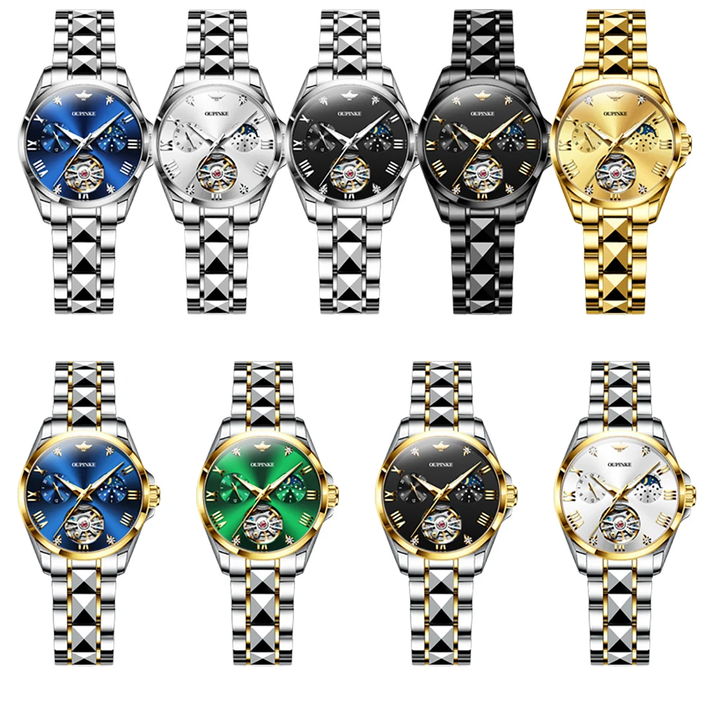 OUPINKE 3202 Brand Skeleton Women's Mechanical Watch Tungsten steel sapphire 50m Waterproof Luxurious Elegant Lady Wristwatch 6