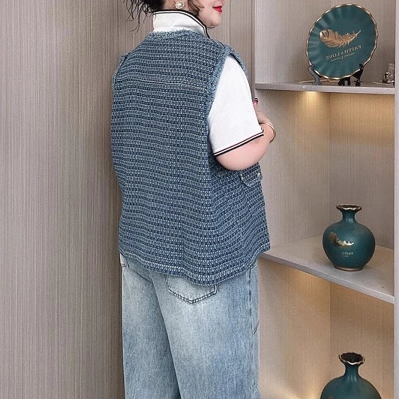 2025 Spring Plus Size Women's Tweed Frayed Hem Denim Vest, Chic Sleeveless Waistcoat Jacket, Stylish Casual Top 8288