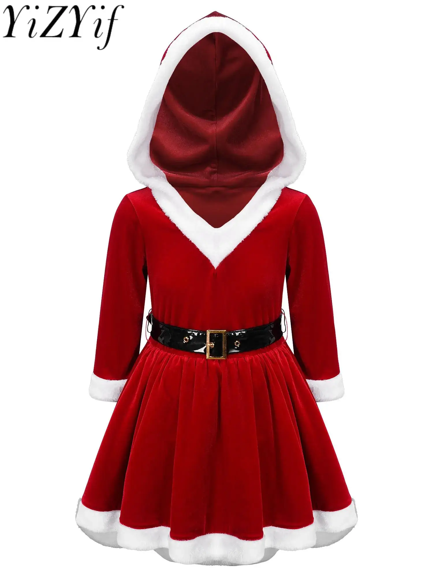 

Kids Girls Mrs Claus Santa Christmas Costume Children Xmas Party Velvet Long Sleeve Tulle Underskirt Hooded Dress with Belt