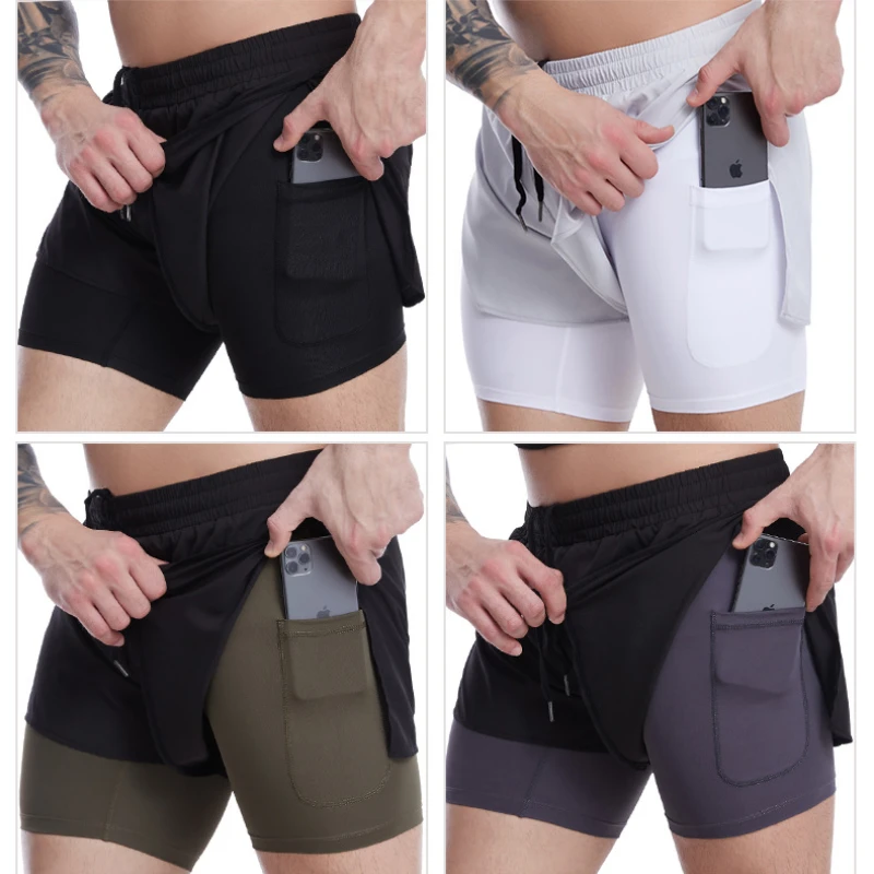 Sports Shorts Men's Quick-drying Breathable Double-layer Fitness Pants Sweat-popping Running Training Marathon Shorts