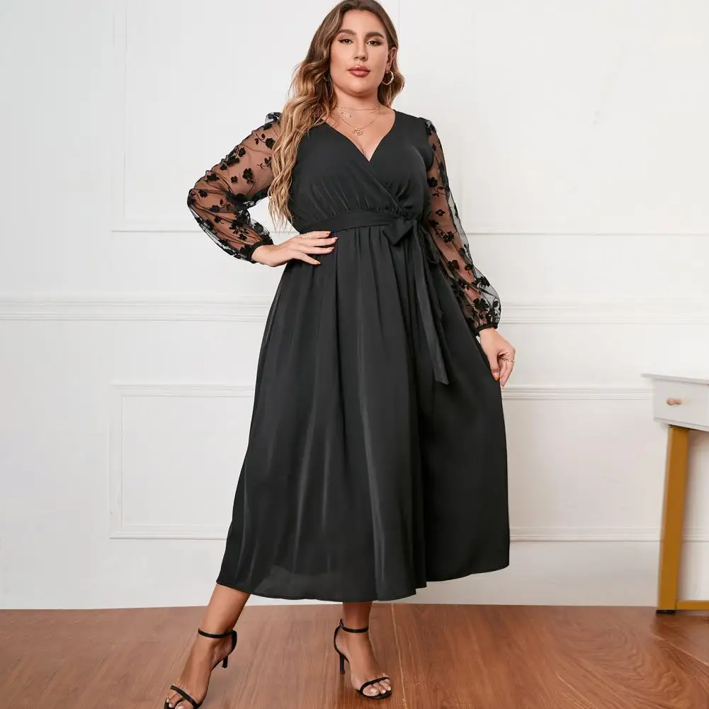 Wrap Dress Plus Size Black Lace Maxi Dress Long Sleeve Wrap Plus