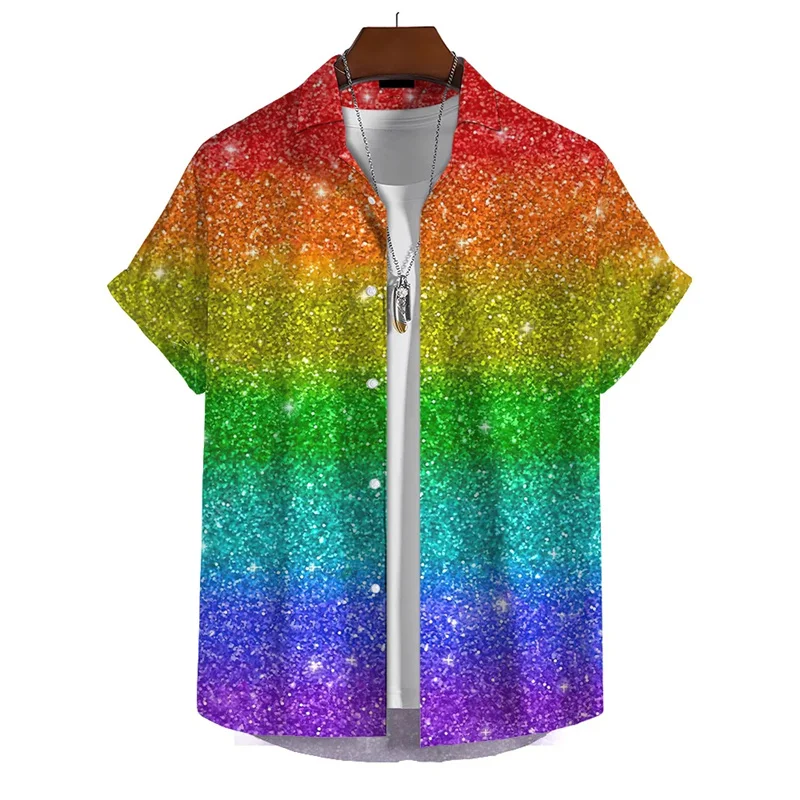 3d Print Rainbow Shirt Men Summer Lapel Short Sleeved Holiday Party Shirts Streetwear Hip Hop Blouse Tops Male Clothing