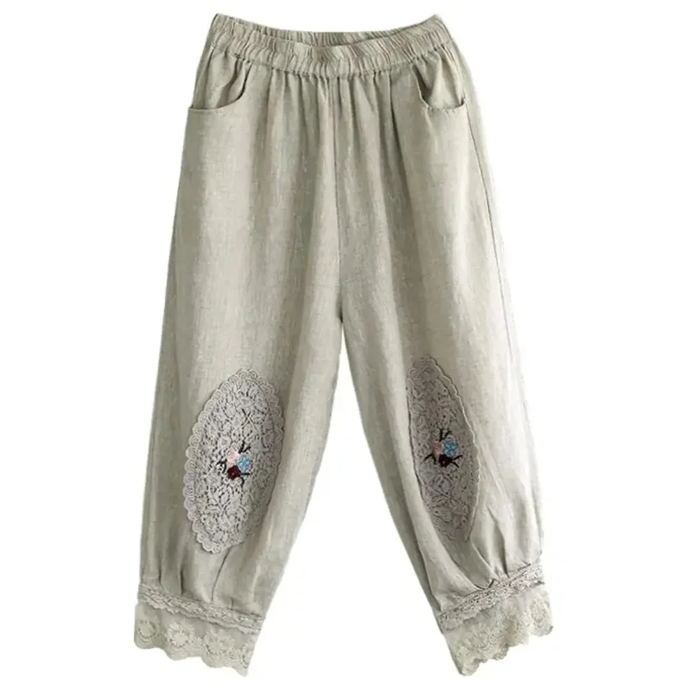

Брюки-шаровары женские с вышивкой, элегантные однотонные повседневные винтажные укороченные штаны с эластичным поясом, в фольклорном стиле, летняя одежда