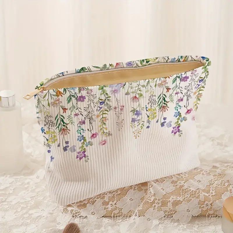 Floral printed corduroy makeup bag, lightweight zipper makeup storage box, multifunctional bag with lining