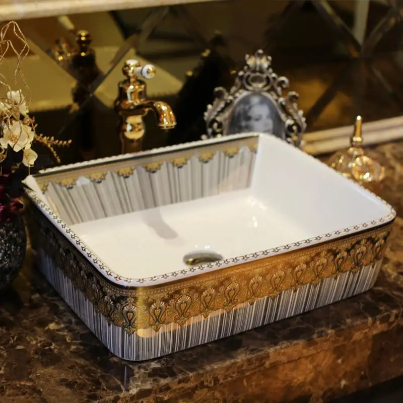 

Hot Rectangular shape Europe style chinese washbasin sink Jingdezhen Art Counter Top ceramic bathroom sink large wash basin