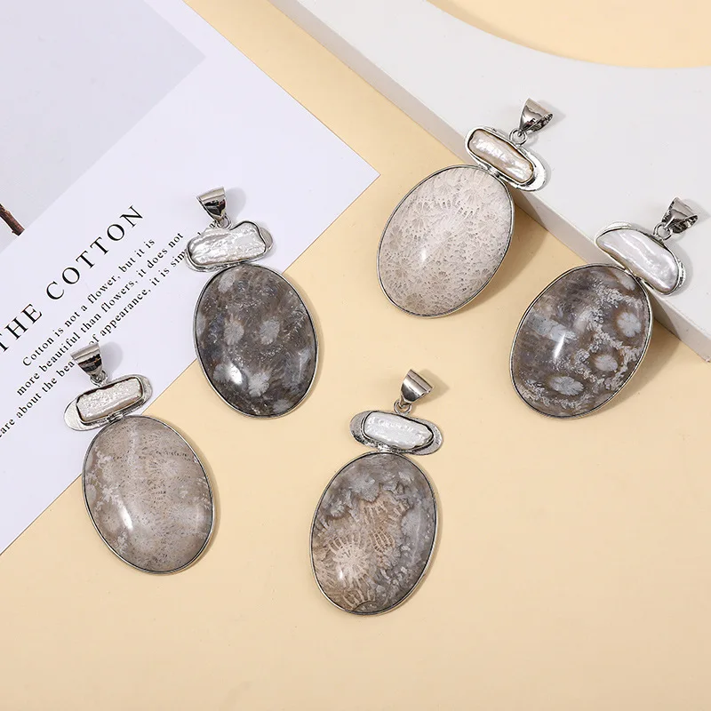 

Natural Coral Pendant Oval Pearl Inlaid for Handmade Making DIY Charm Jewelry Necklace Accessories 31×52mm