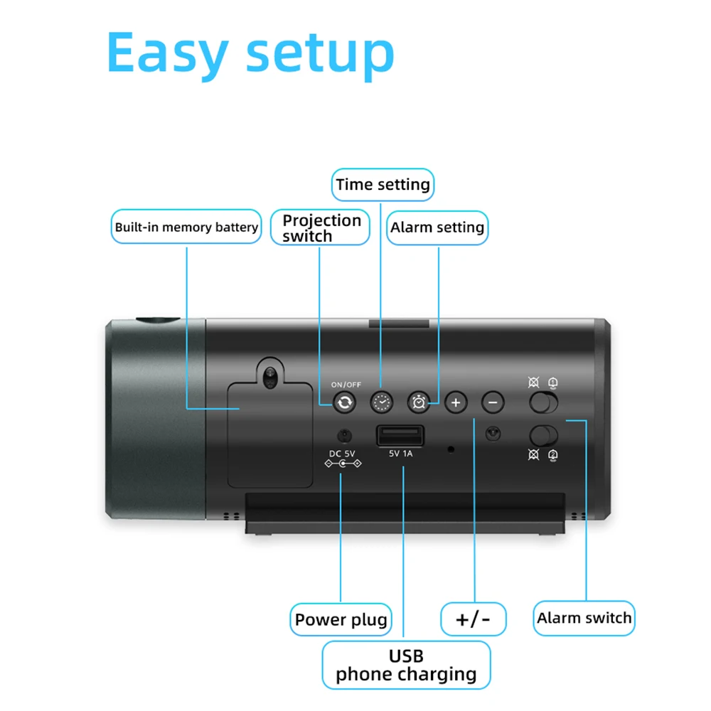 Projection Digital Alarm Clock with 180&deg; Rotatable Projector Clear LED Display 4-Level Brightness Dimmer for Bedroom