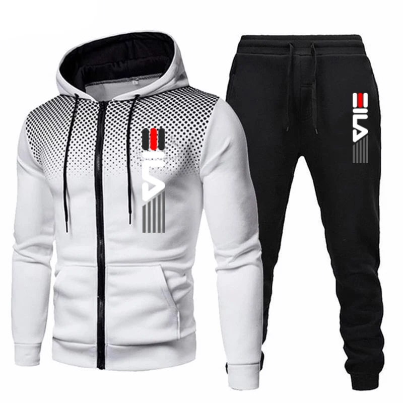 Vendite calde Tuta da uomo Stampa Casual Felpa con cappuccio con cerniera a punto rotondo + Pantaloni Set Giacca quotidiana Cappotto Abbigliamento sportivo da jogging 2