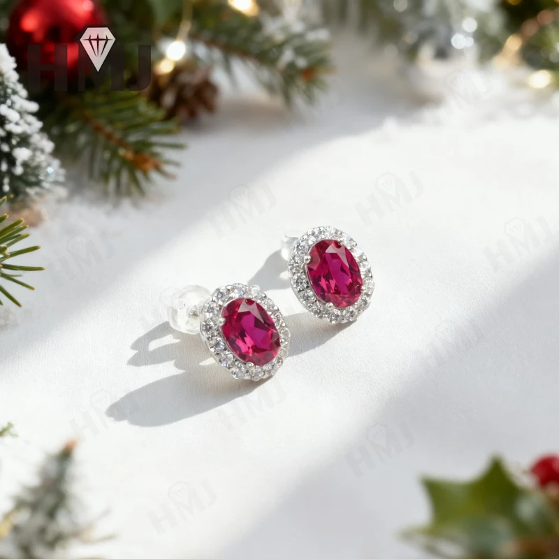 Ovaler Ohrring 1,7-2CT Rubin Saphir Kolumbiathe des gesamten Kreises Kleine Moissanit S925 Ohrstecker für Frauen Weihnachtsfeier Geschenk – Detail 6