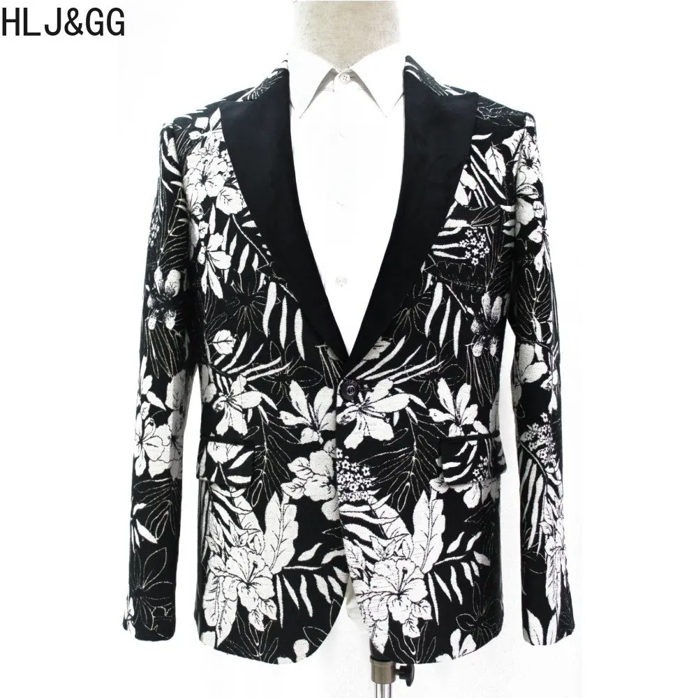 HLJ&GG New Luxury Brand Men's Flower Printing SuitJacket Fashion Slim Jacquard Blazer Coats for Wedding Party Host And Singer