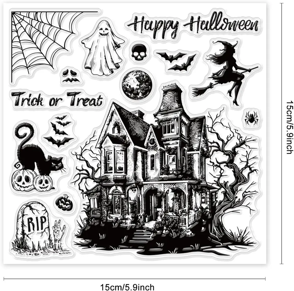 GLOBLELAND Set Timbri Trasparenti E Fustelle Halloween - Streghe E Magia, Sagome In Silicone E Acciaio Per Scrapbooking E Biglietti Fai Da Te