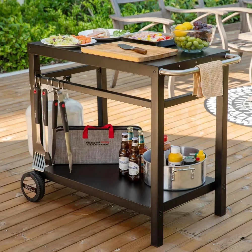 

Dining Cart Table, Double Shelves, Movable Steel Flat Worktop, Hooks, Side Handles, Multi-purpose Kitchen Island