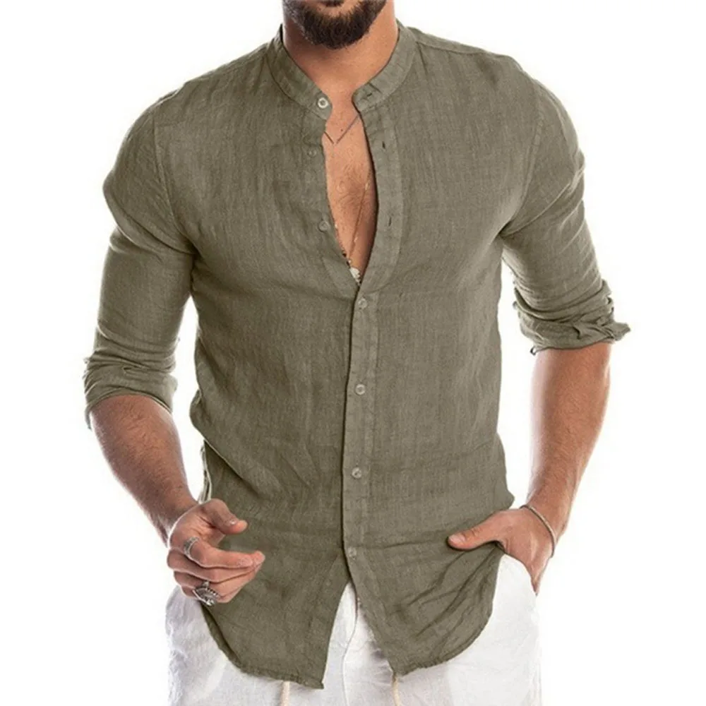 Cotton Linen Men Summer Blouse Long Sleeve Shirt
