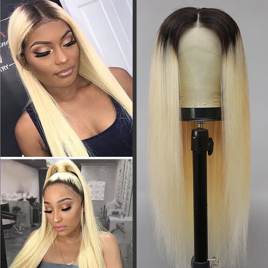 

Blonde Lace Front Wig with black Root 613 color Heat Resistant Hair For Women