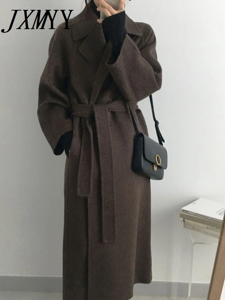 JXMYY French Lazy Style Warm Female Fresh Winter 2025 Classical Belt Retro Loose Women Woolen Coats Chic Casual Long Coat Long 3