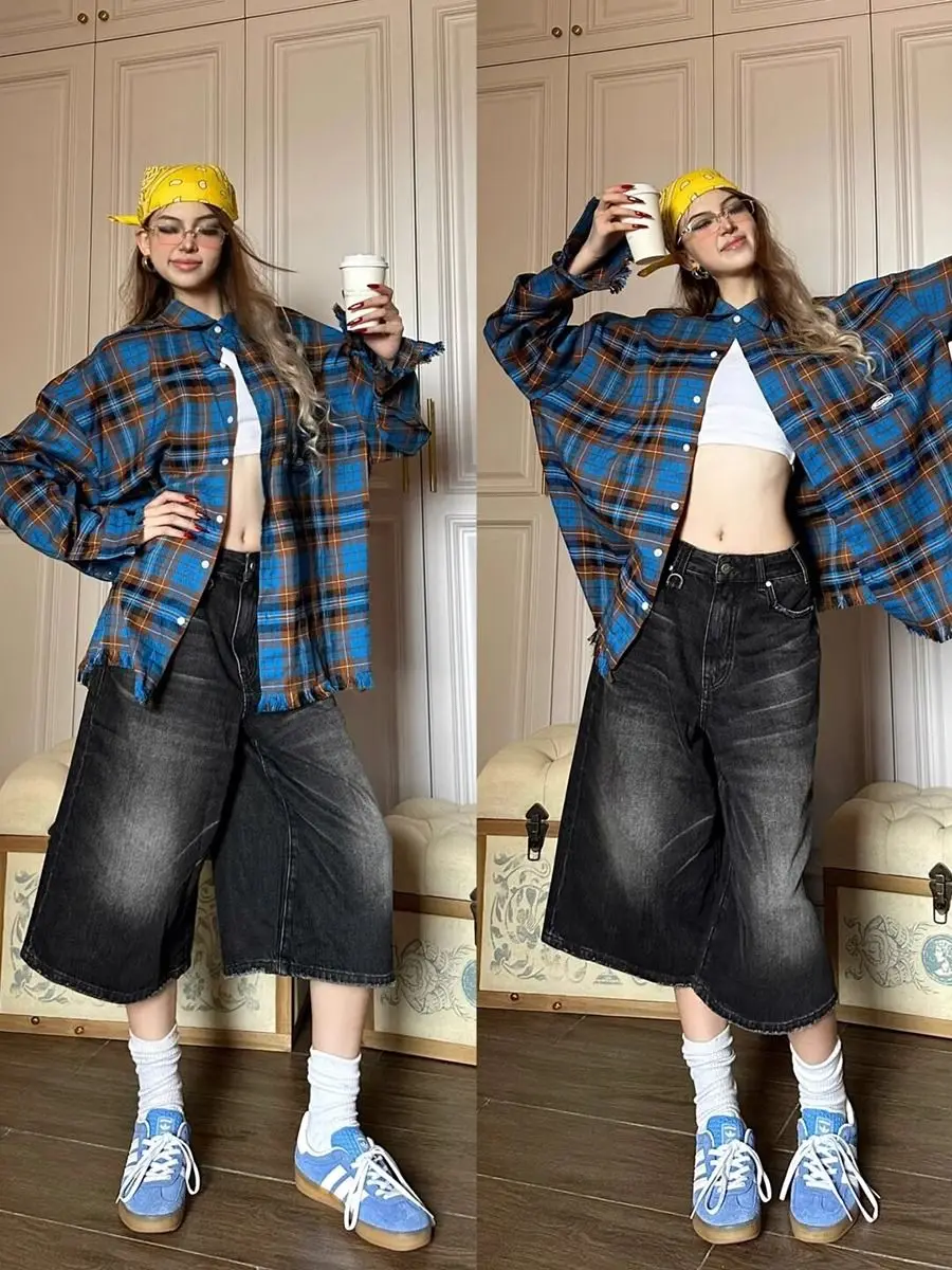 American Retro Black Jeans Style Baggy Denim Shorts Wide Leg Capri  Pants Fashion High Dark Wash Jeans Female Casual
