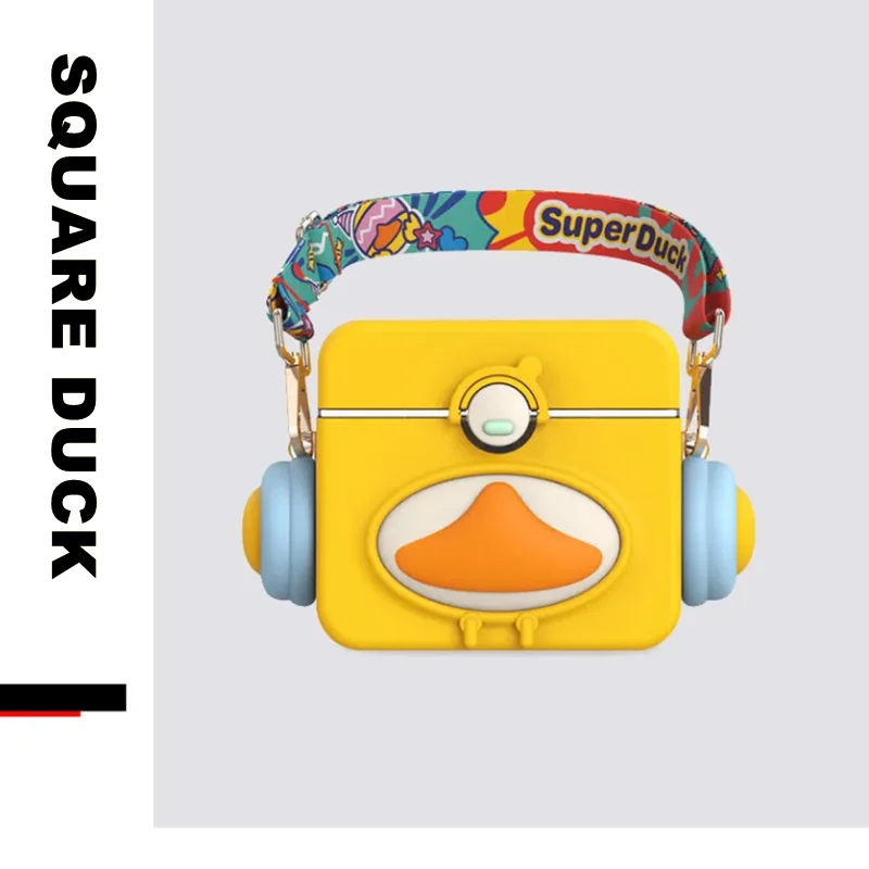 

450ml Cartoon Square Duck Kettle Creative Water Bottle With Straw Outdoor Anti Fall Portable Strap Tritan Drinking Water Cup