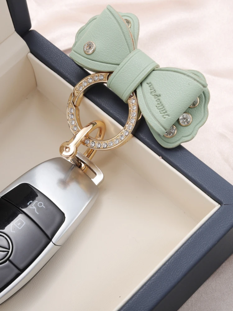 Car Keyring Cute Leather Bow Keychain for Car Keys Golden