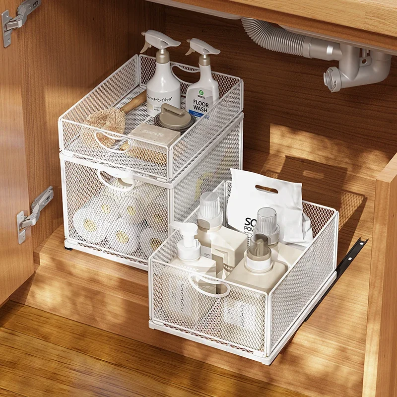 Kitchen Storage Drawer Cabinet Under Sink Pull Out Basket with Rail  Space-saving Bottle Can Jar Organizer Household Supplies - AliExpress