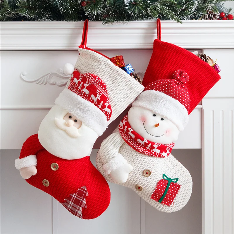 Large Knitted Christmas Stocking Santa Claus Fireplace Decor Socks Xmas Gift Bags Candy Holder Decor for Home