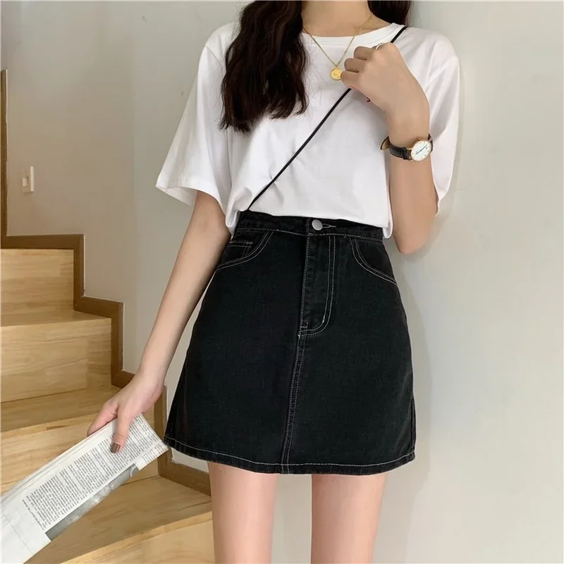 

2023 Spring Summer New Korean High Waist Plus Size Black Denim Skirts Women Female Solid A-line Short Skirt All-match Streetwear