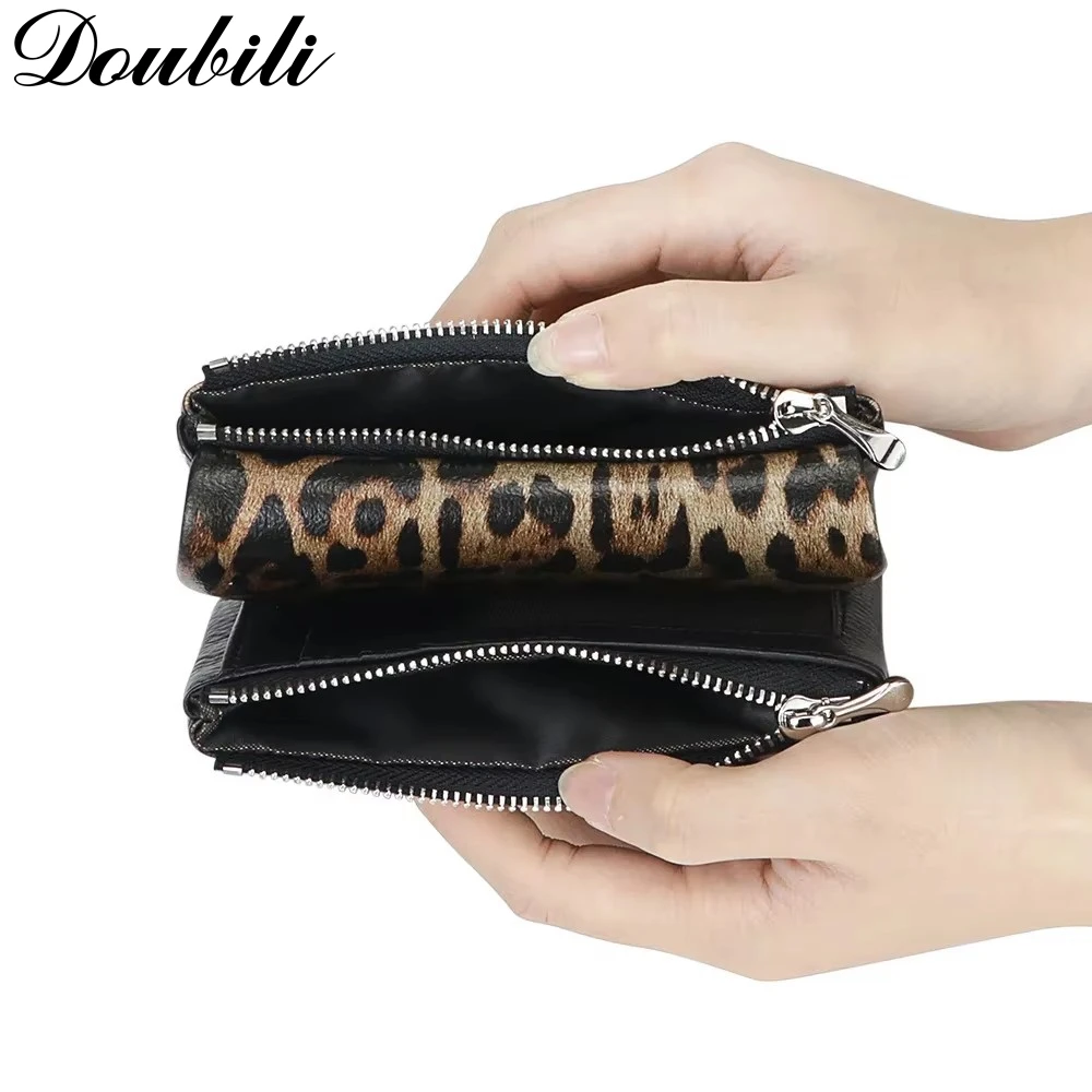 Doubili Leather leopard print wallet, fashionable women's wallet, three fold card bag, zero wallet 4