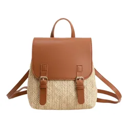 Elegant Vintage - Style Woven PU Leather Straw Backpack (Brown)