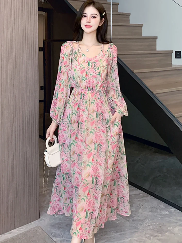 

Spring Autumn Pink Floral Chiffon Casual Beach Long Dress Women Chic Bandage Bodycon Dress 2024 Korean Elegant Luxury Prom Dress