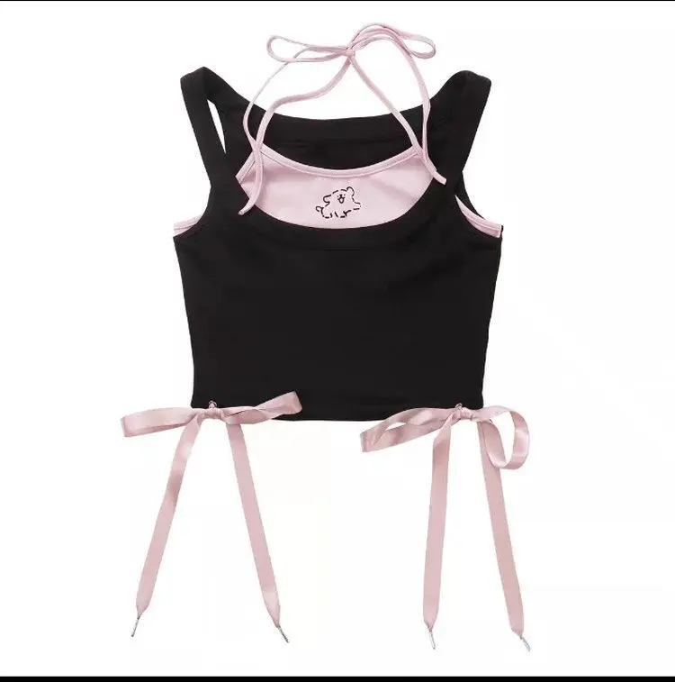 baby girl tank top sweet fake two pieces suspender vest halter crop top for kids girls dance hip hop bow patch 2 to 10 years
